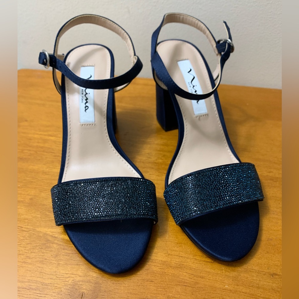 Nina Haven Rhinestone Ankle Strap Block Heel Sandals Navy Luster Satin Sz 5.5M - Picture 4 of 14